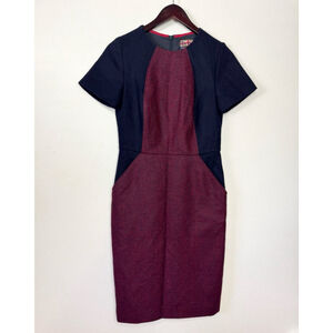 Boden British Tweed by Moon Sheath Dress US 6R Burgundy Navy Colorblock Wool Mid